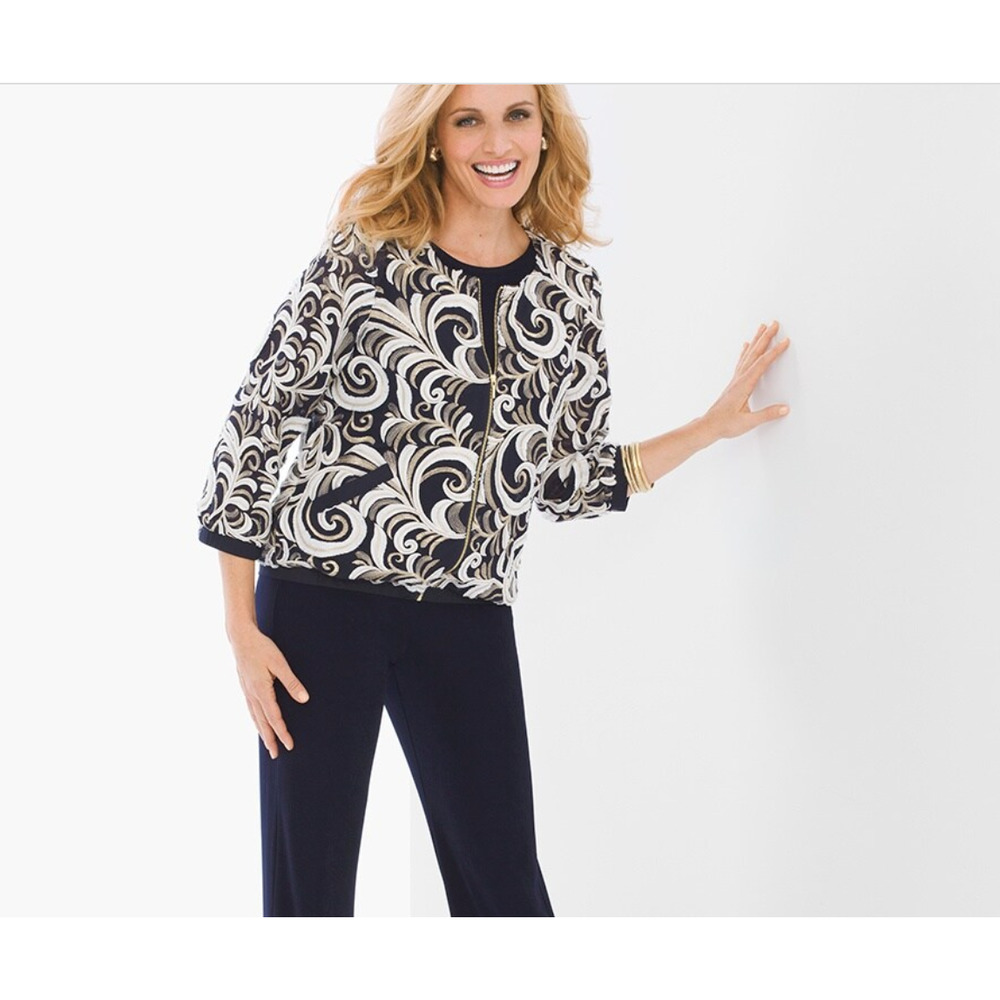 NWT Chico's Travelers Collection Scrolled Bomber Jacket Size 2 Large Navy Gold